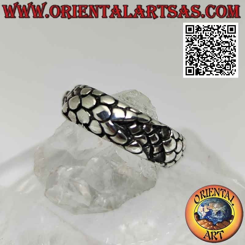 Silver ring with worked band, scaled dragon skin