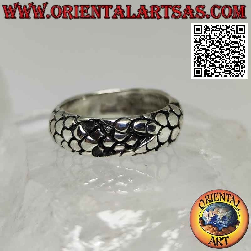 Silver ring with worked band, scaled dragon skin