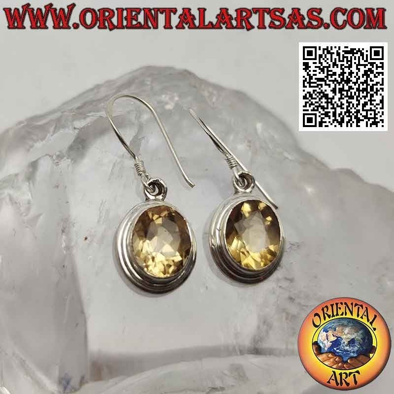 Pendientes de plata con topacio amarillo natural ovalado y doble filo liso