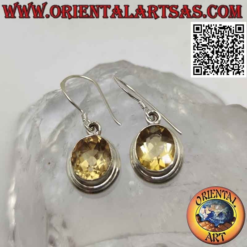 Orecchini in argento con topazio giallo naturale ovale e doppio bordo liscio