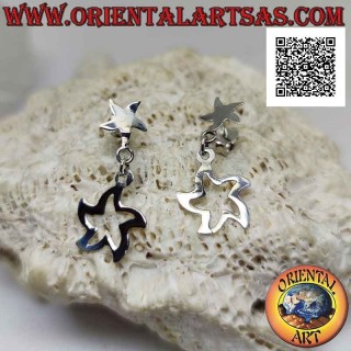Silver earrings smooth flat curved star lobe with pendant star outline