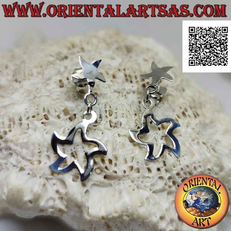 Silver earrings smooth flat curved star lobe with pendant star outline