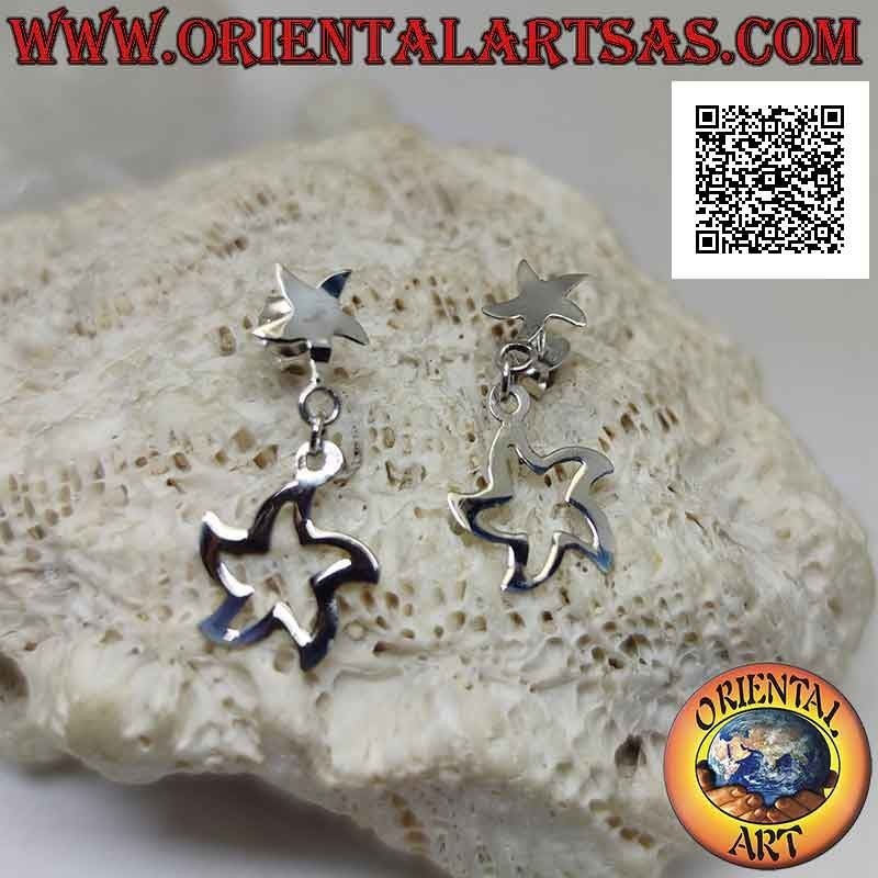 Boucles d'oreilles en argent étoile à lobe plat incurvé avec pendentif contour d'étoile
