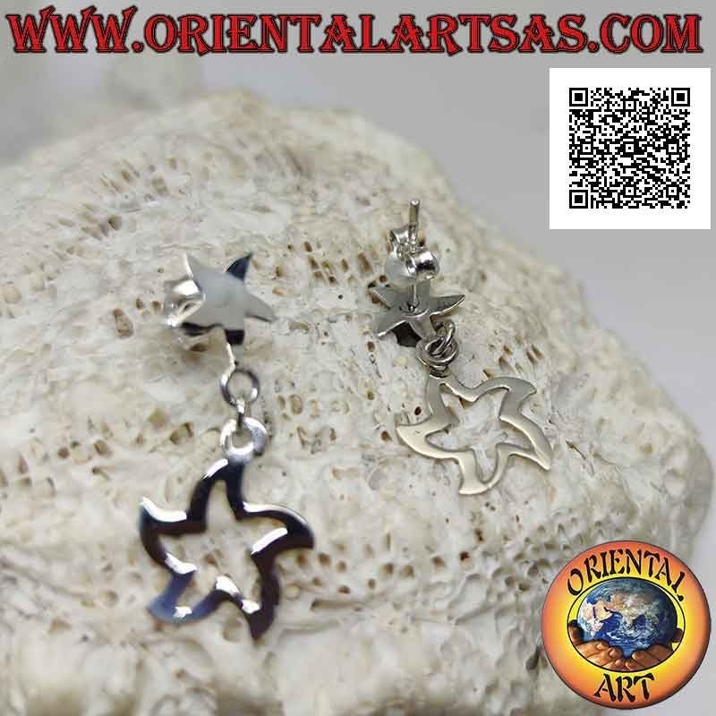 Silver earrings smooth flat curved star lobe with pendant star outline