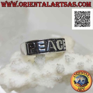 Silver ring with growing band with "PEACE" written in bas-relief