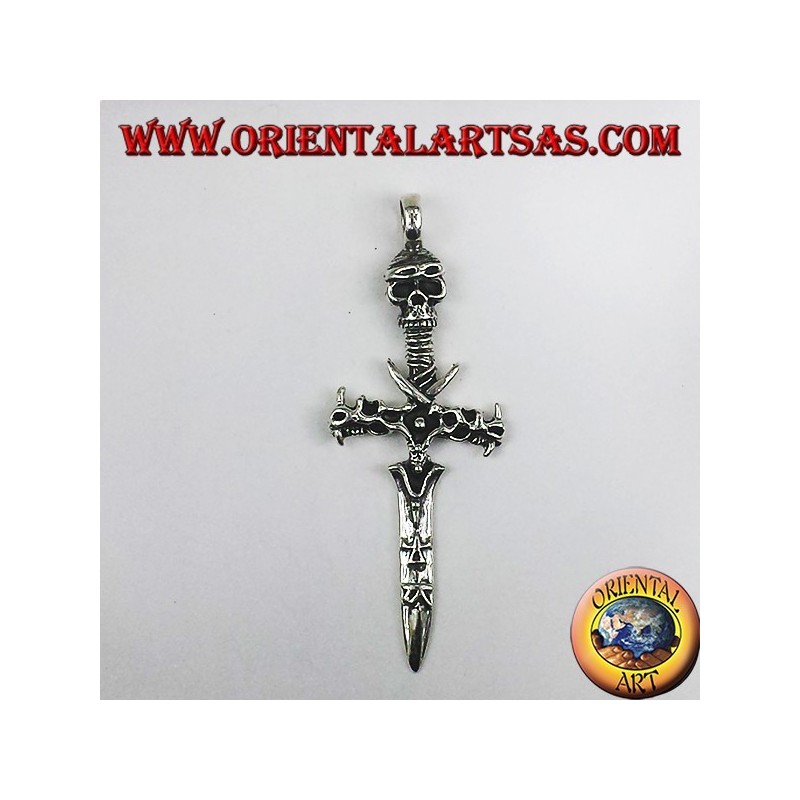 silver pendant, sword with skull