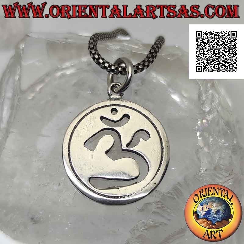 Silver pendant, large round medal with openwork Hindu mantra ॐ om