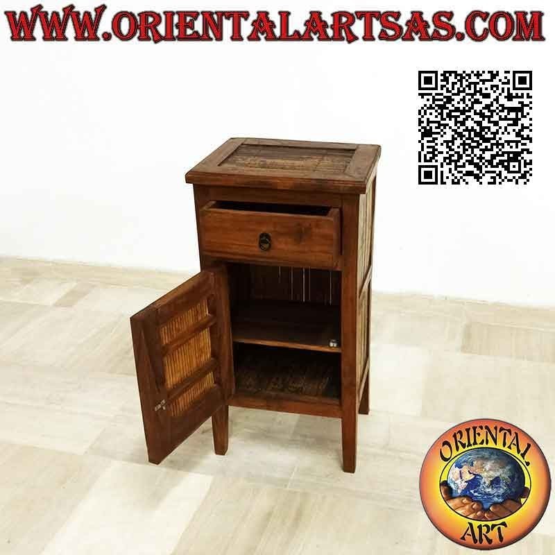 Bedside table with drawer and two-shelf door in teak wood and bamboo