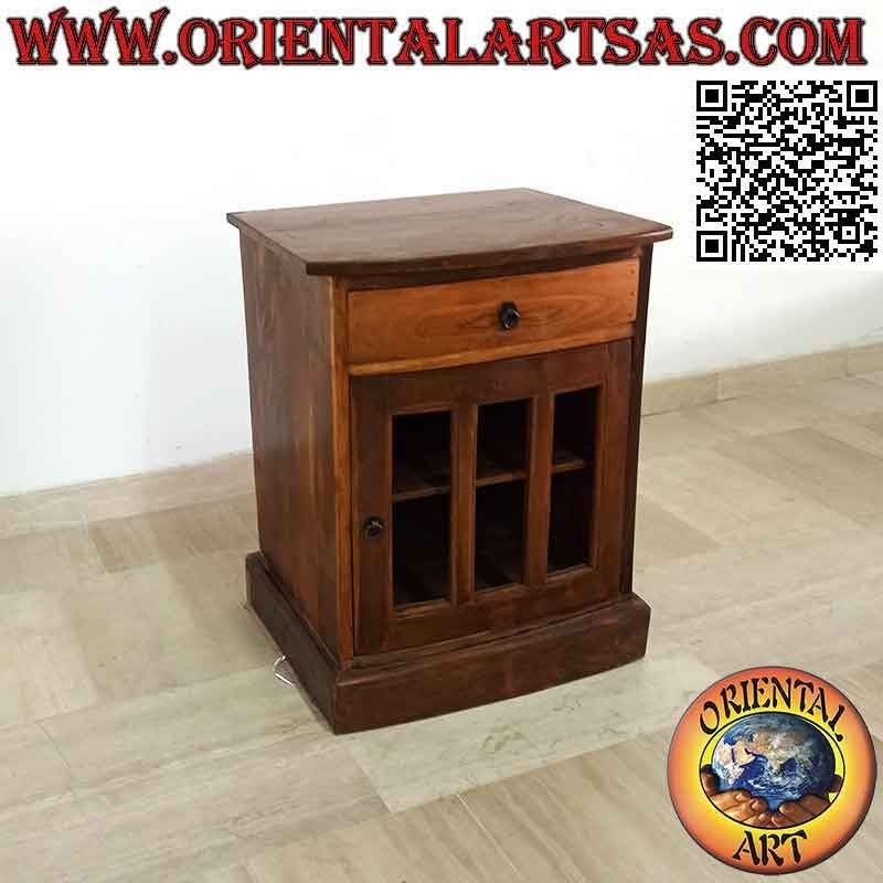 Comodino con cassetto e anta a tre vetri e due ripiani in legno di teak