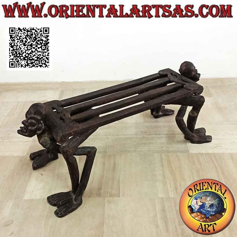 Two-seater bench with sculptures of primitives in ethnic style in teak wood