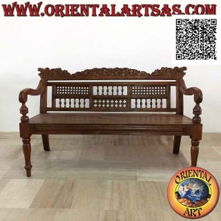Banco de tres plazas con decoración de dragones tallados a mano y escuadras de columnas y tracería en madera de teca