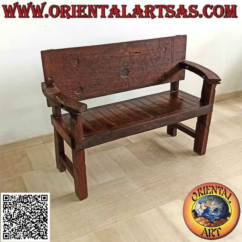 Solid two-seater bench with hand-carved floral decoration in antique teak wood (Burma)