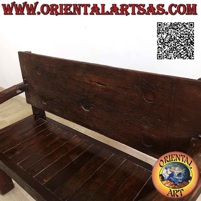 Banco macizo de dos plazas con decoración floral tallada a mano en madera de teca antigua (Birmania)