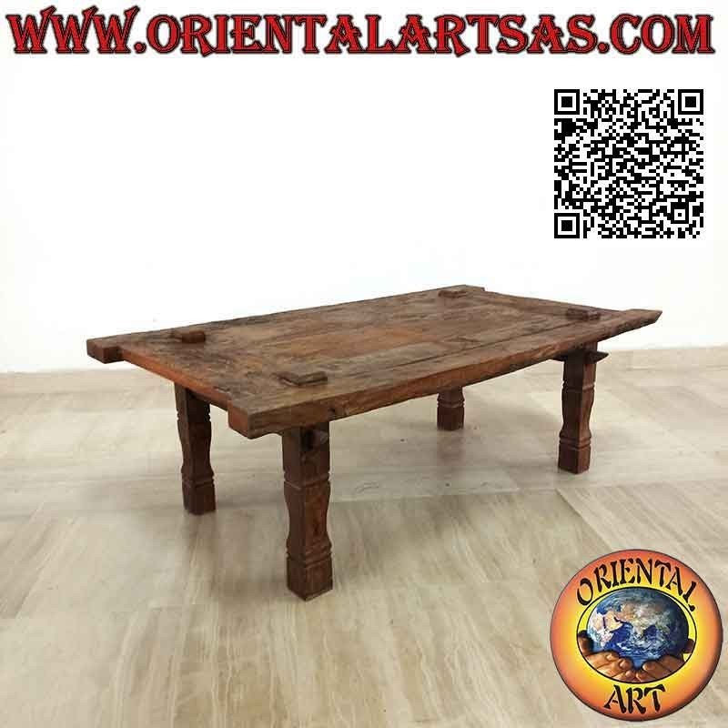 Tavolo antico basso da salotto primitivo in legno antico di teak