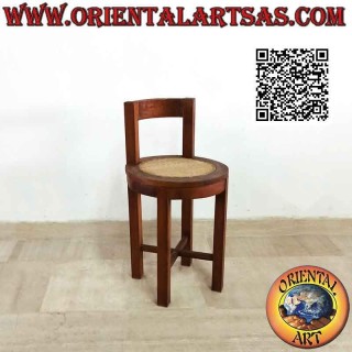 Tabouret rond à dossier bas en bois de teck et paille de Vienne