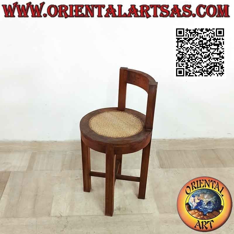 Sgabello tondo con schienale basso in legno di teak e paglia di Vienna
