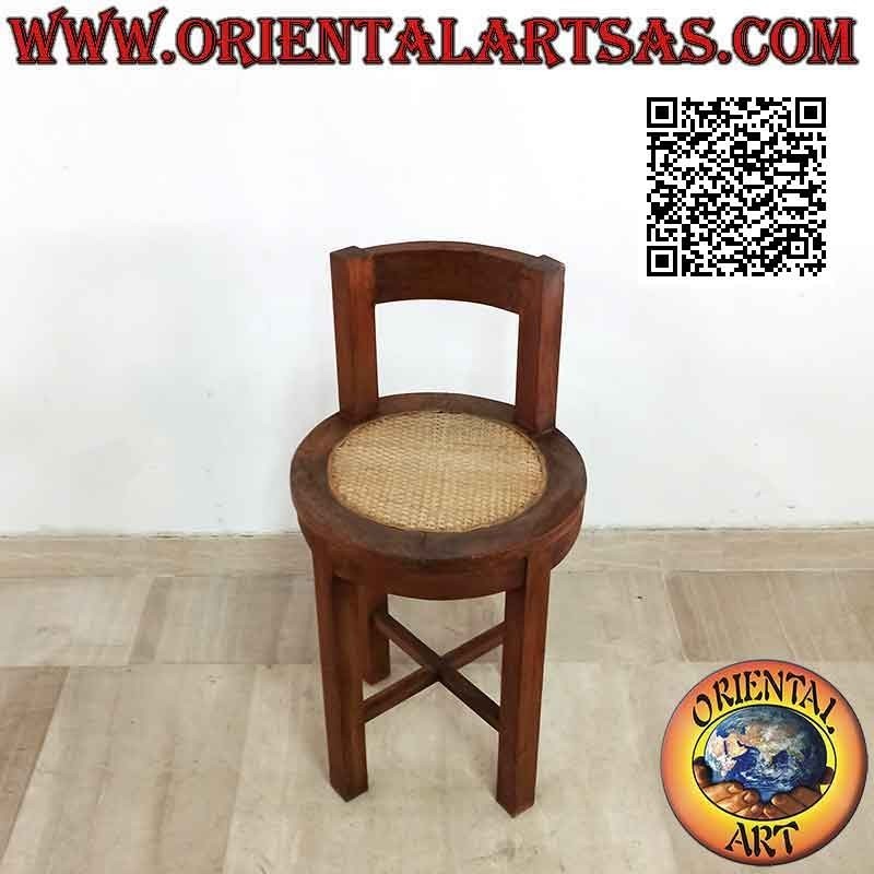 Sgabello tondo con schienale basso in legno di teak e paglia di Vienna