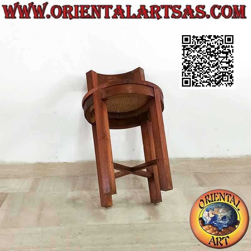 Tabouret rond à dossier bas en bois de teck et paille de Vienne