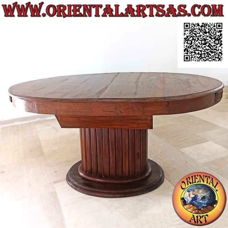 Mesa extensible ovalada sobre un solo pie central con listones de madera de teca (157x100 cm)
