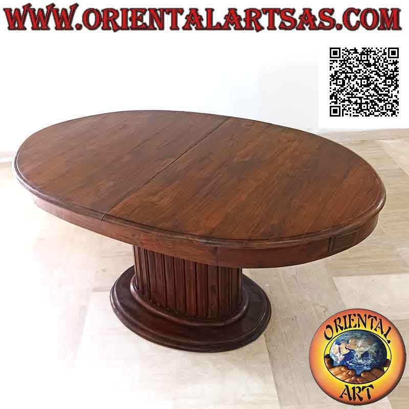 Mesa extensible ovalada sobre un solo pie central con listones de madera de teca (157x100 cm)