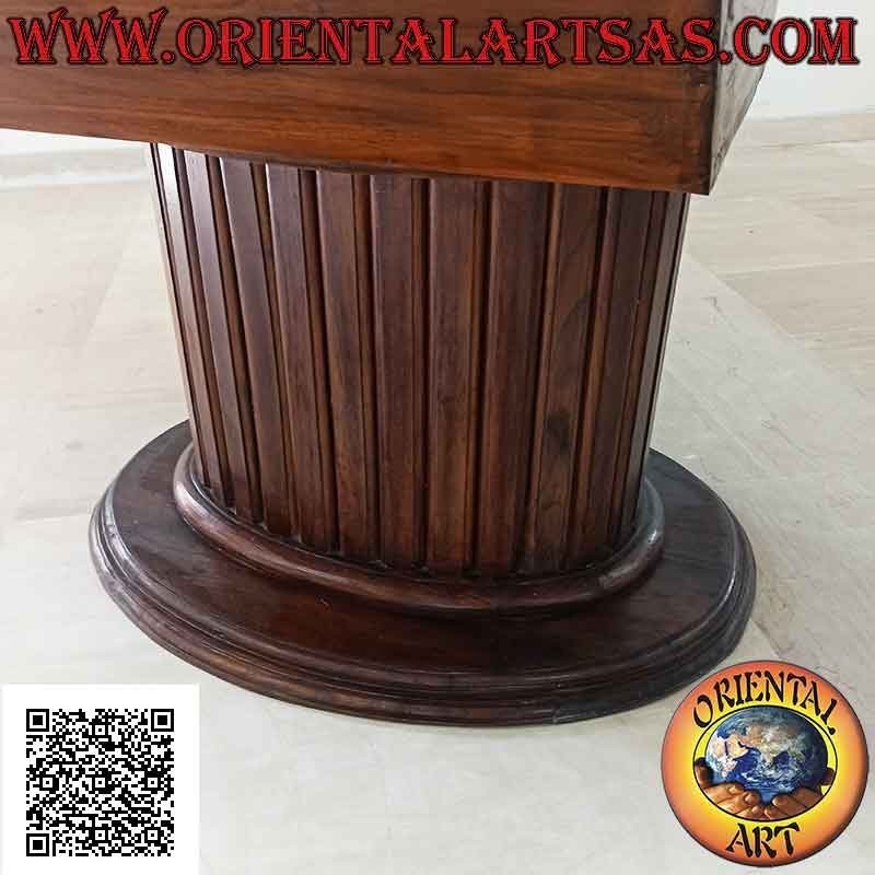 Extendable oval table on a single central foot with teak wood slats (157x100 cm)