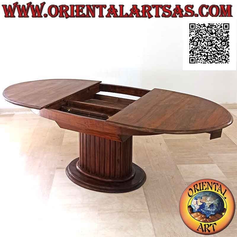 Tavolo ovale allungabile su piede unico centrale a doghe in legno di teak (157x100 cm)