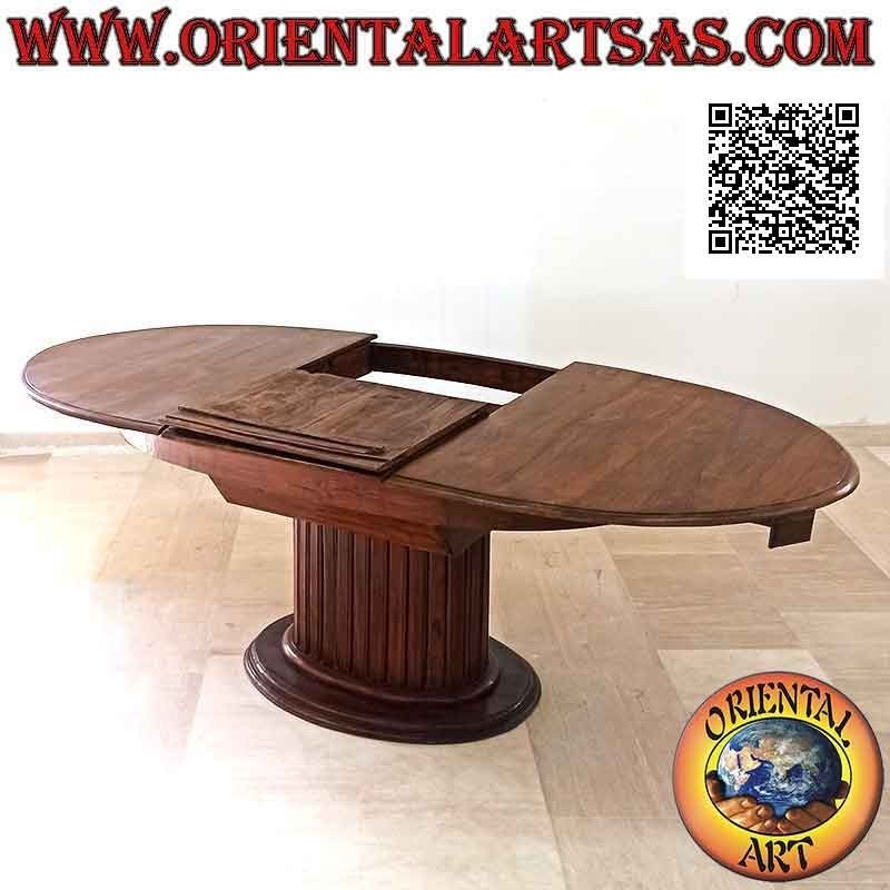 Table ovale extensible sur un seul pied central avec lattes en bois de teck (157x100 cm)