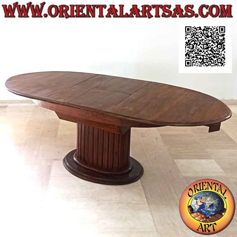 Table ovale extensible sur un seul pied central avec lattes en bois de teck (157x100 cm)
