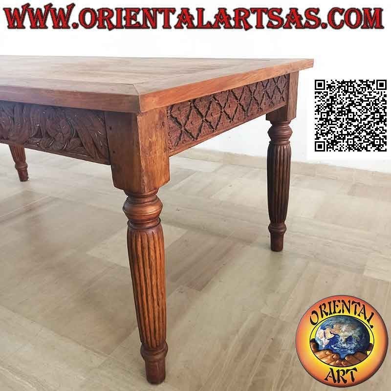 Table rectangulaire à décor floral sculpté à la main sur les côtés en bois de teck antique (200*100)