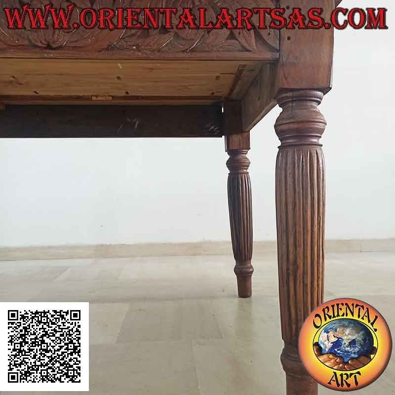 Mesa rectangular con decoración floral tallada a mano en los laterales en madera de teca antigua (200 * 100)