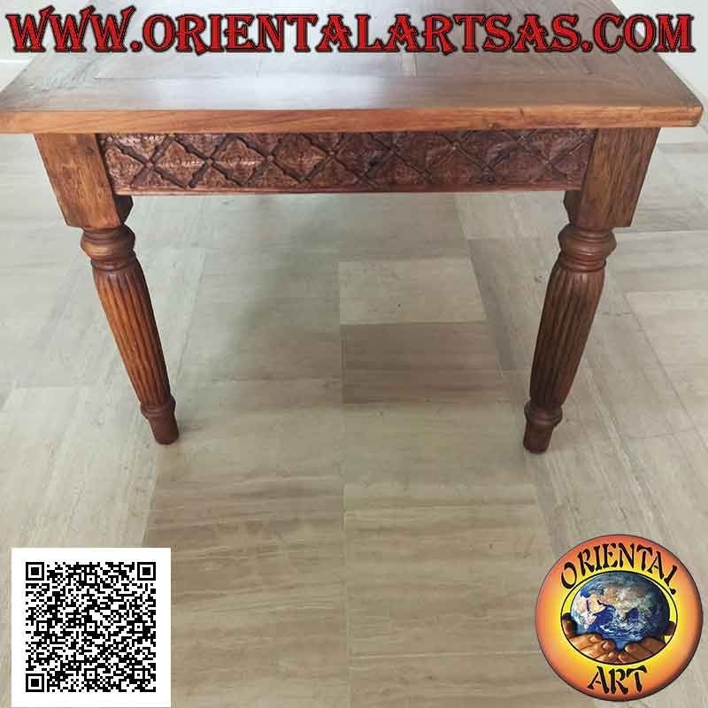 Table rectangulaire à décor floral sculpté à la main sur les côtés en bois de teck antique (200*100)