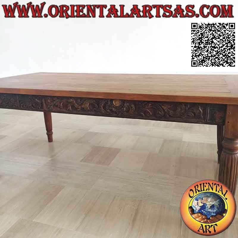 Table rectangulaire à décor floral sculpté à la main sur les côtés en bois de teck antique (200*100)