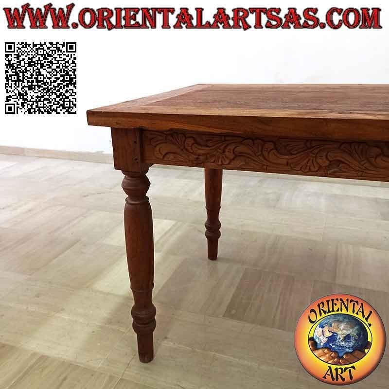 Table rectangulaire à décor floral sculpté à la main sur les côtés en bois de teck antique (180*90)