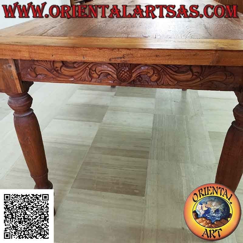 Rectangular table with hand-carved floral decoration on the sides in antique teak wood (180 * 90)