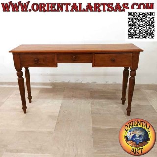 Tavolo consolle a tre cassetti con gambe tonde (coloniale) in legno di teak