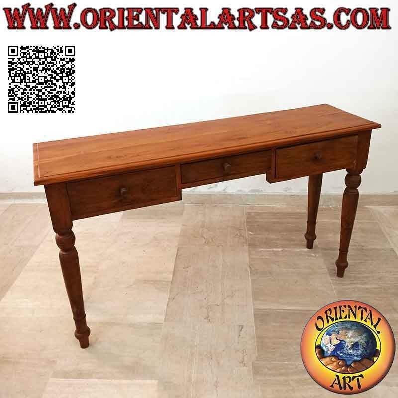Tavolo consolle a tre cassetti con gambe tonde (coloniale) in legno di teak