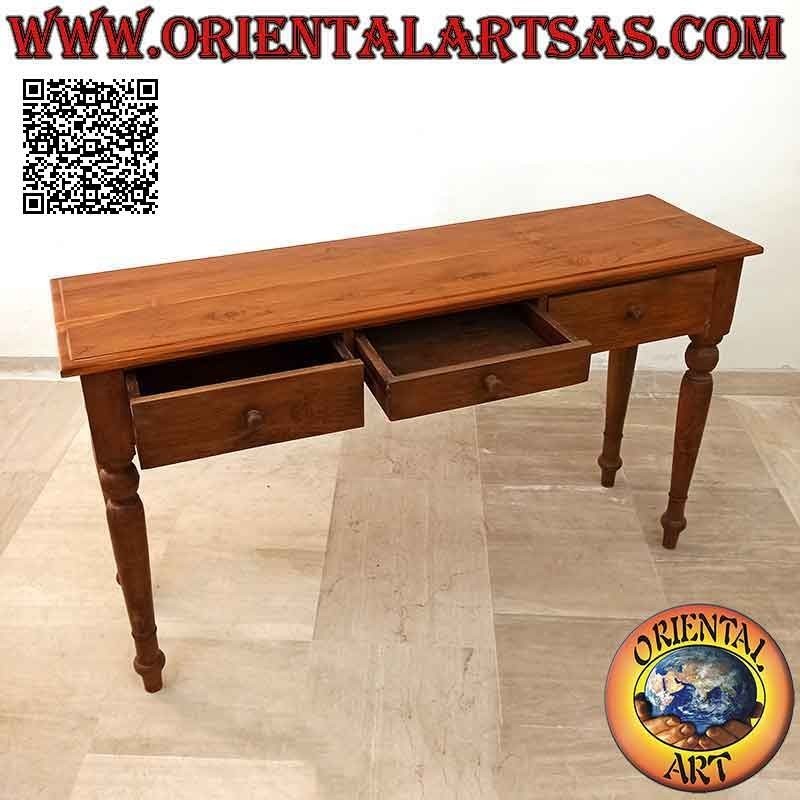 Console table with three drawers with round legs (colonial) in teak wood