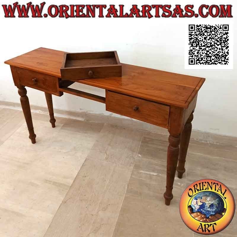 Table console à trois tiroirs avec pieds ronds (colonial) en bois de teck