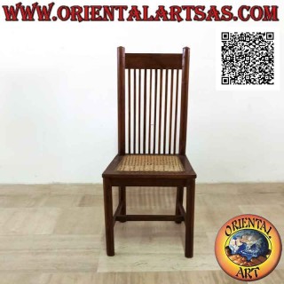 Silla de respaldo alto con bandas de rayas verticales paralelas en madera de teca y asiento de paja de Viena