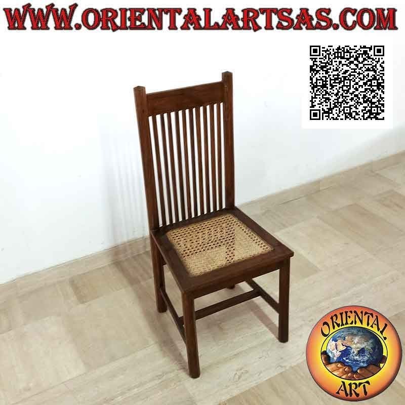 Silla de respaldo alto con bandas de rayas verticales paralelas en madera de teca y asiento de paja de Viena
