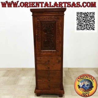 Wardrobe with 5 drawers and 1 door with two shelves (hand carved Wayang Kulit puppet) in antique teak wood