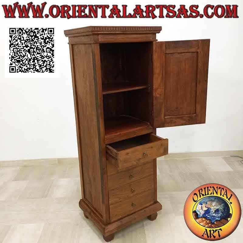 Armadio a 5 cassetti e 1 anta a due ripiani (marionetta del Wayang Kulit intagliata mano) in legno antico di teak