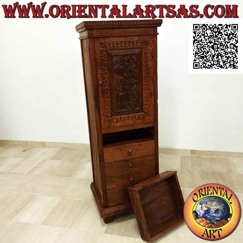Armoire avec 5 tiroirs et 1 porte avec deux étagères (marionnette Wayang Kulit sculptée à la main) en bois de teck antique