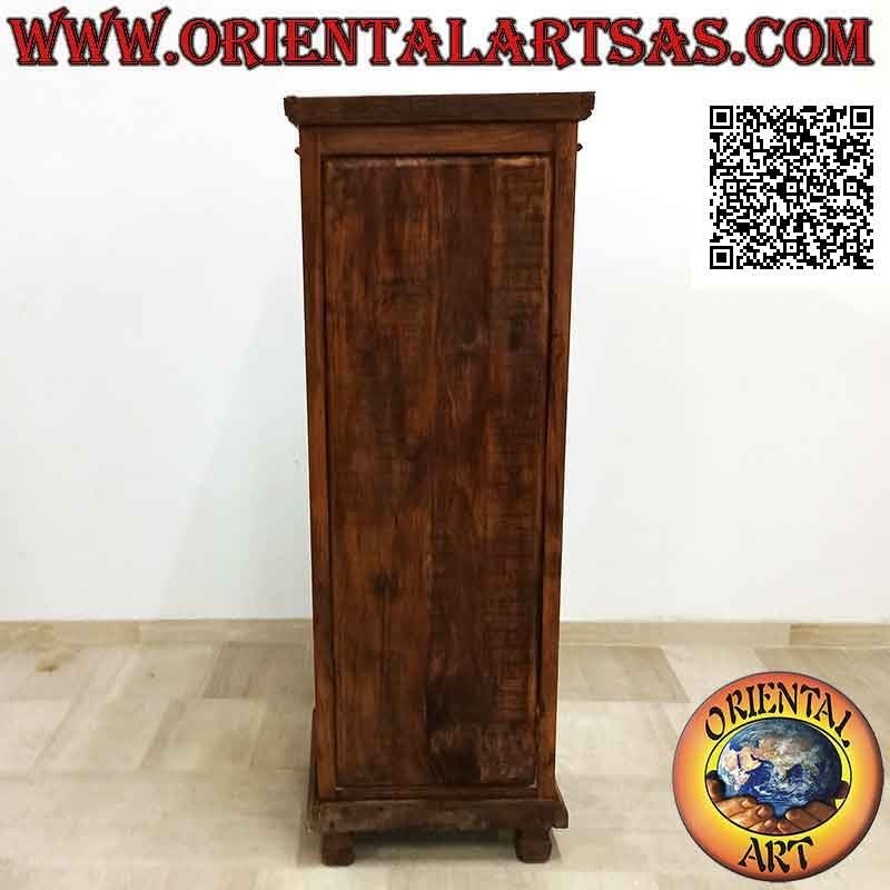 Wardrobe with 5 drawers and 1 door with two shelves (hand carved Wayang Kulit puppet) in antique teak wood