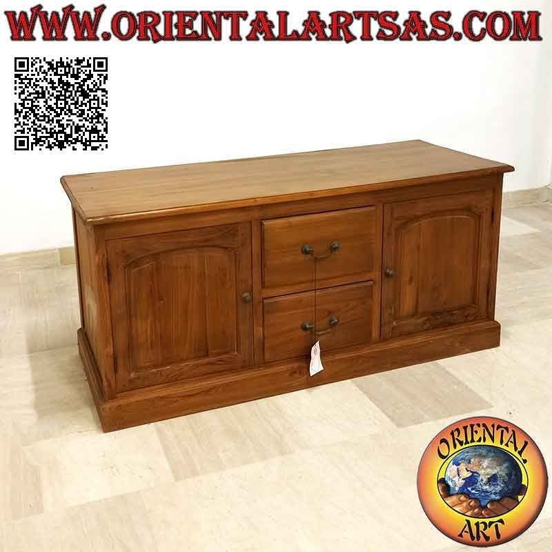 Einfaches Sideboard mit 2 Türen (Doppelboden) und 2 zentralen Schubladen aus Teakholz