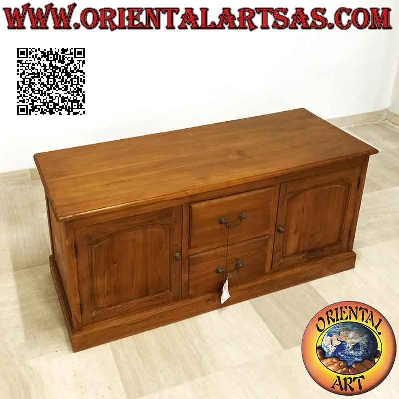 Einfaches Sideboard mit 2 Türen (Doppelboden) und 2 zentralen Schubladen aus Teakholz