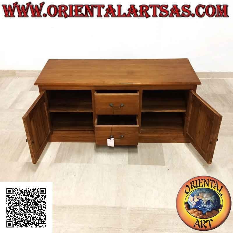Einfaches Sideboard mit 2 Türen (Doppelboden) und 2 zentralen Schubladen aus Teakholz
