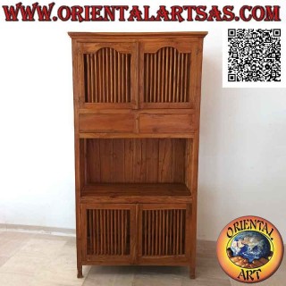 Credenza alta a 4 ante a colonnine (2 sopra e 2 sotto) e 2 cassetti in legno di teak massiccio