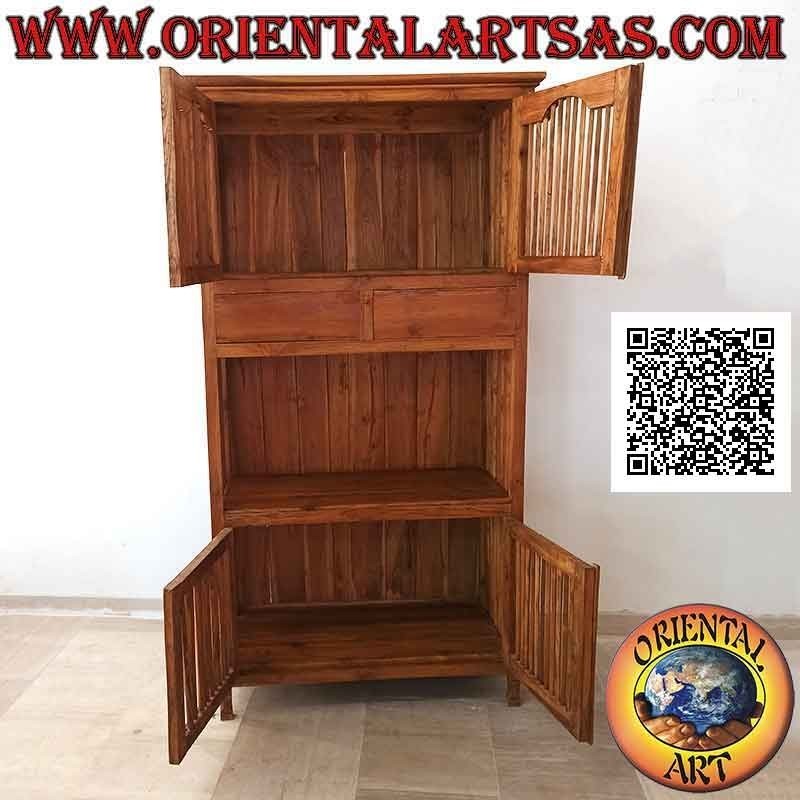 Credenza alta a 4 ante a colonnine (2 sopra e 2 sotto) e 2 cassetti in legno di teak massiccio