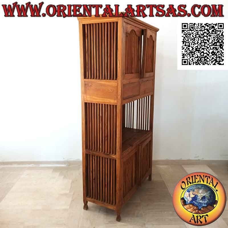 Credenza alta a 4 ante a colonnine (2 sopra e 2 sotto) e 2 cassetti in legno di teak massiccio